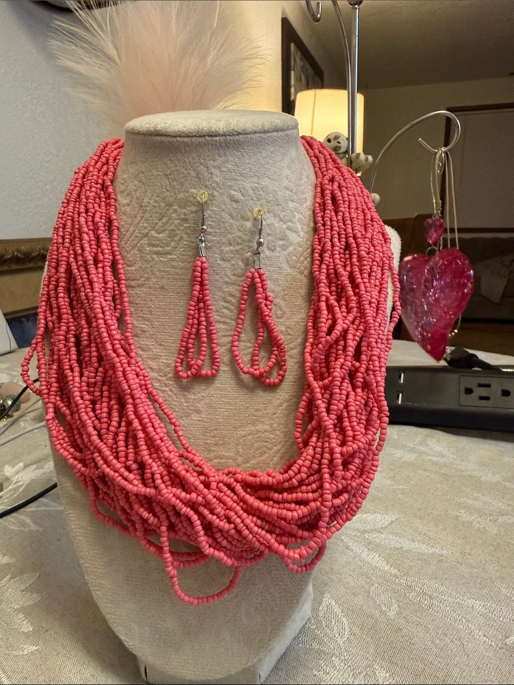 Multi-Strand Pink Seed Bead Necklace with Matching Earrings